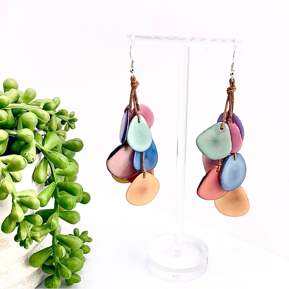 TAGUA EARRINGS Artisan Handmade Tagua rainbow unique statement jewelry boho nwt